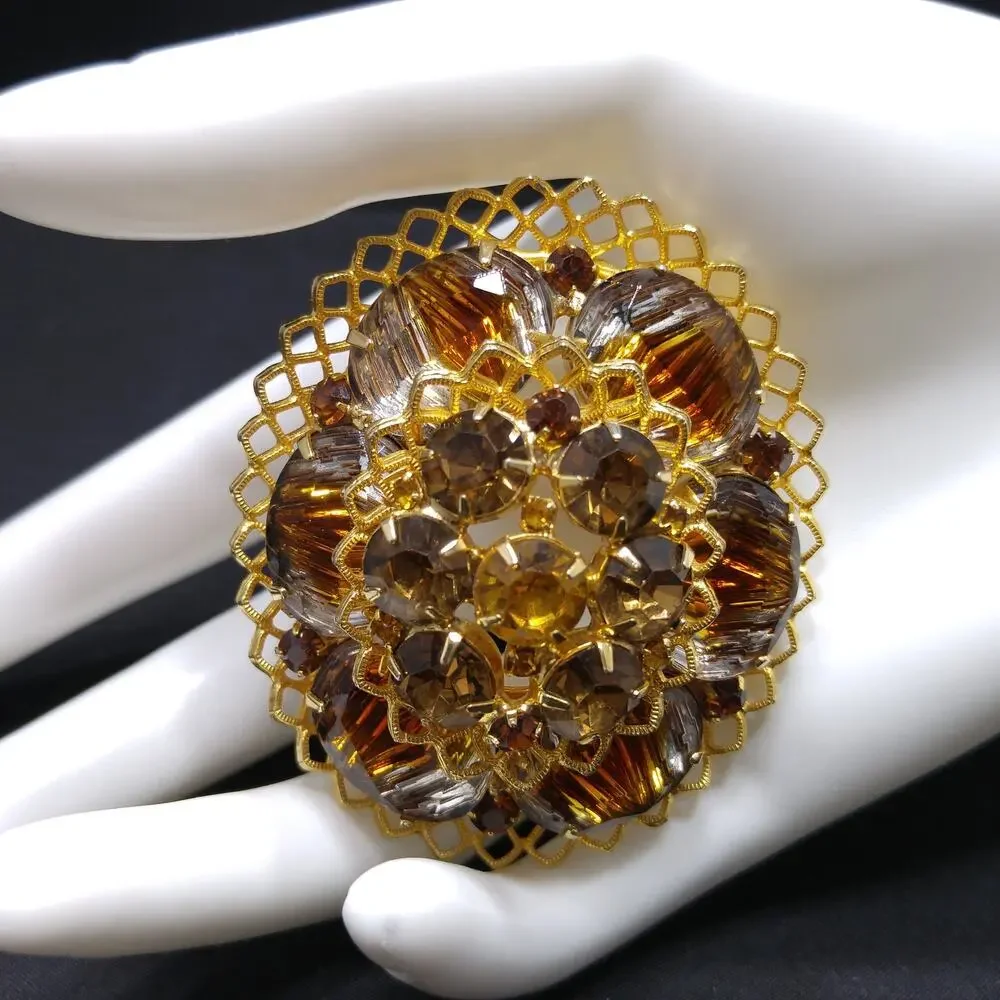 Light Dark Topaz Rhinestones Filigree Brooch, Art Glass, Two Tiered Oval Pin